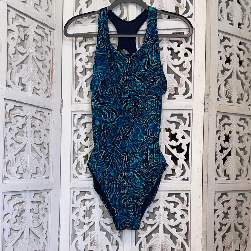TYR Women's One-Piece Swimsuit in Teal & Navy Abstract Print